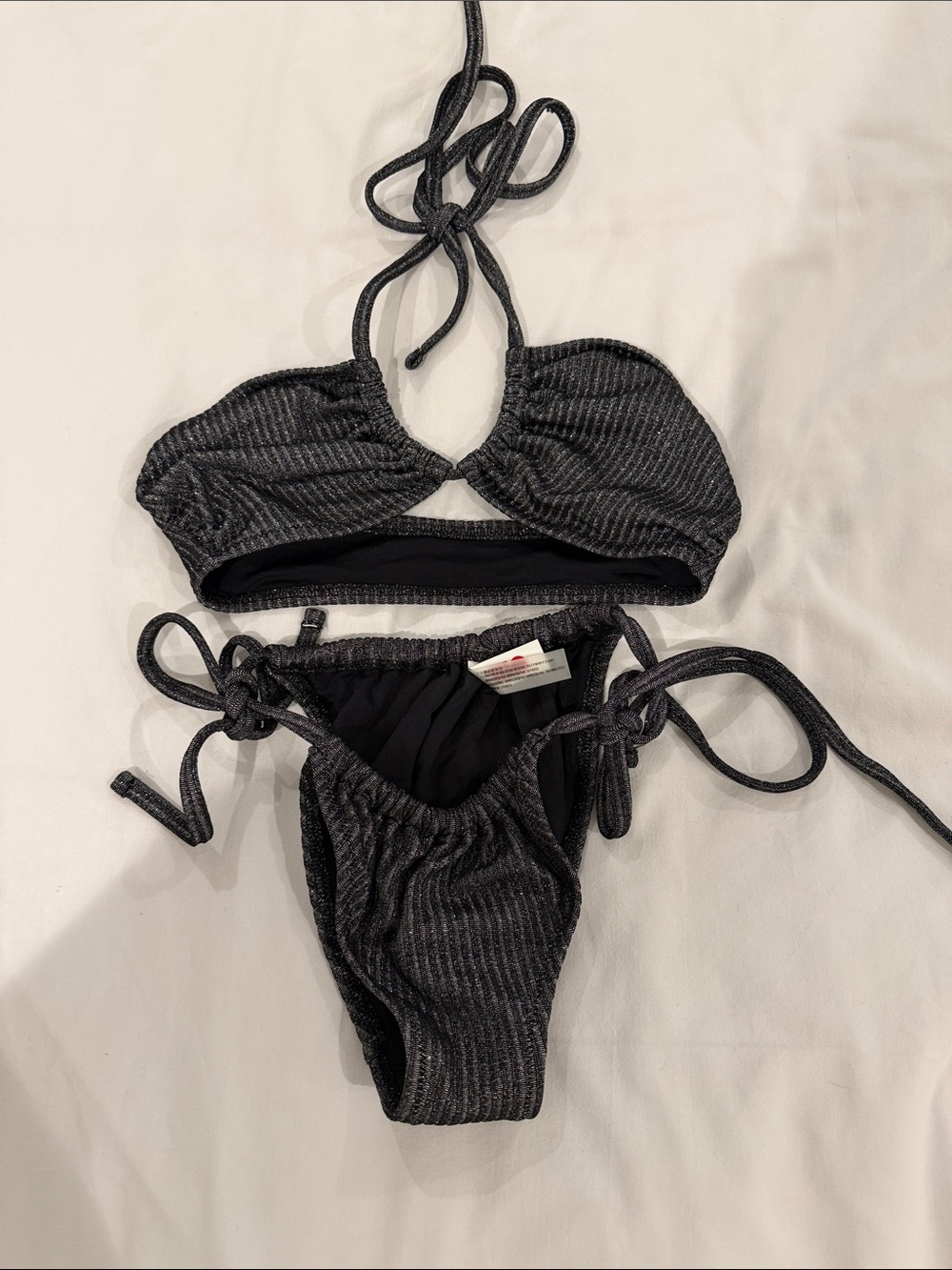 SOLID & STRIPED Black Metallic Ribbed String Bikini
